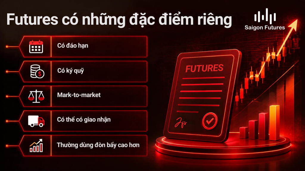 futures có đáo hạn, ký quỹ, mark-to-market, có thể có giao nhận và thường dùng đòn bẩy cao hơn.